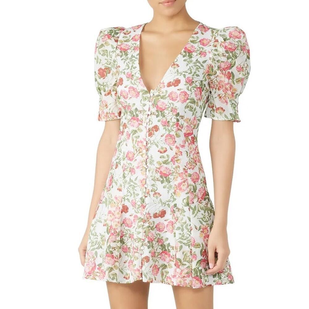 Bec & Bridge Le Follies Dress Floral Puff Sleeve V-Neck Mini Camellia Print 4